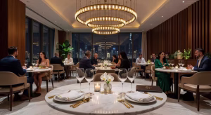 Los 5 chefs más famosos de Oriente Medio Interior de restaurante de lujo en Dubai con estilo mediterráneo moderno y ambiente sofisticado