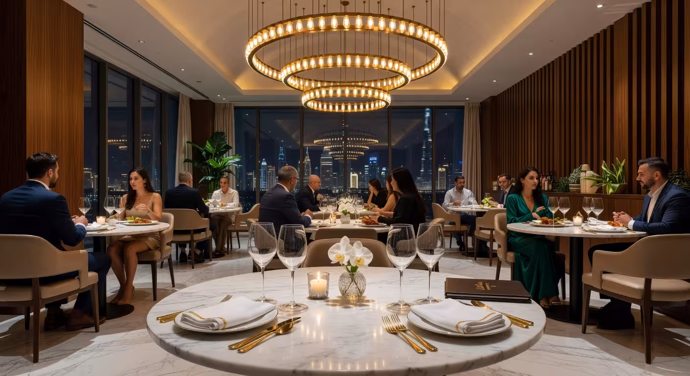 Interior de restaurante de lujo en Dubai con estilo mediterráneo moderno y ambiente sofisticado