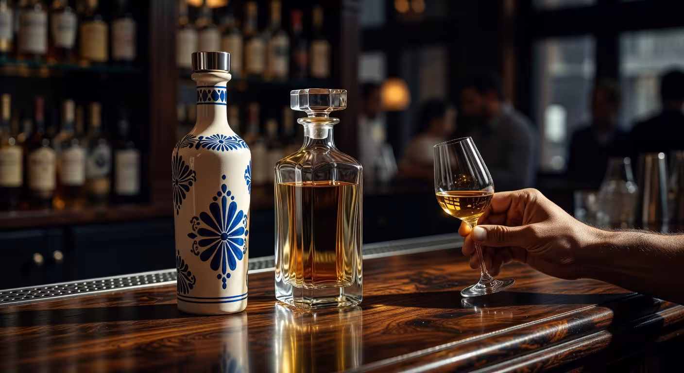 Botellas de tequila premium de lujo sobre barra de madera oscura con iluminación dramática