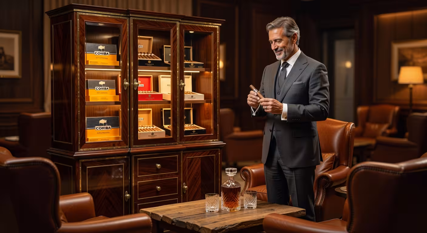 Humidor de lujo con puros cubanos premium Cohiba y Montecristo en elegante salón de fumadores