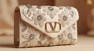 Guía completa de bolsos Valentino Garavani: Los modelos imprescindibles que definen el lujo contemporáneo Detalle del bolso clutch Valentino Garavani DeVain con bordados de perlas y cierre VLogo magnético