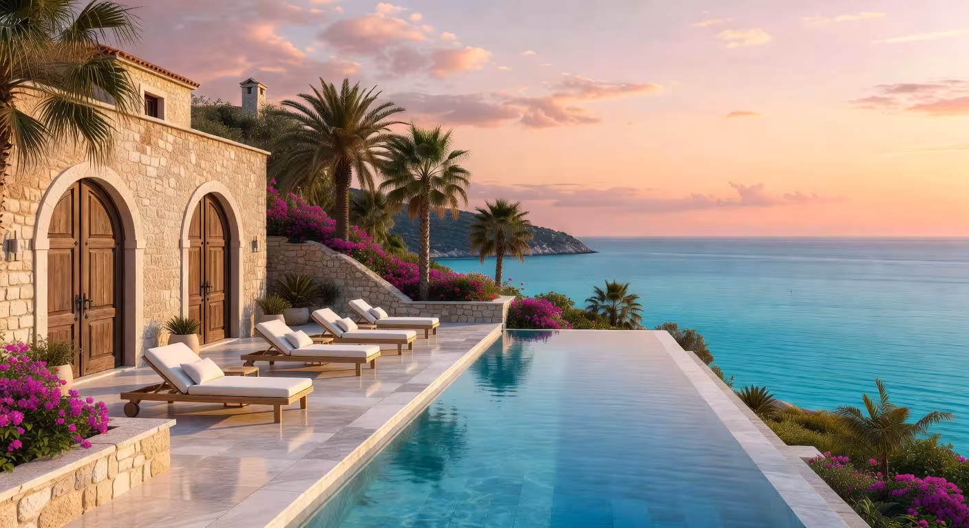 Vista exterior del Delfino Blu Wellness Boutique Hotel en Corfú con piscina infinity y jardines mediterráneos