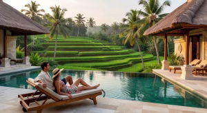 Kuwarasan A Pramana Experience: Refugio de lujo y bienestar en Ubud Piscina infinita del resort Kuwarasan con vistas panorámicas a los arrozales de Tegallalang en Ubud, Bali