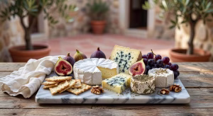 9 formas deliciosas de disfrutar el queso vegano en una dieta basada en plantas Tabla de quesos veganos artesanales con camembert de anacardos, queso azul vegetal, frutas frescas y frutos secos sobre superficie de mármol