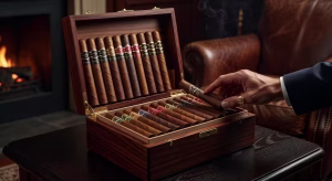 Cómo elegir el cigarro perfecto: guía definitiva para principiantes Selección de puros premium de diferentes calibres y capas en humidor de lujo