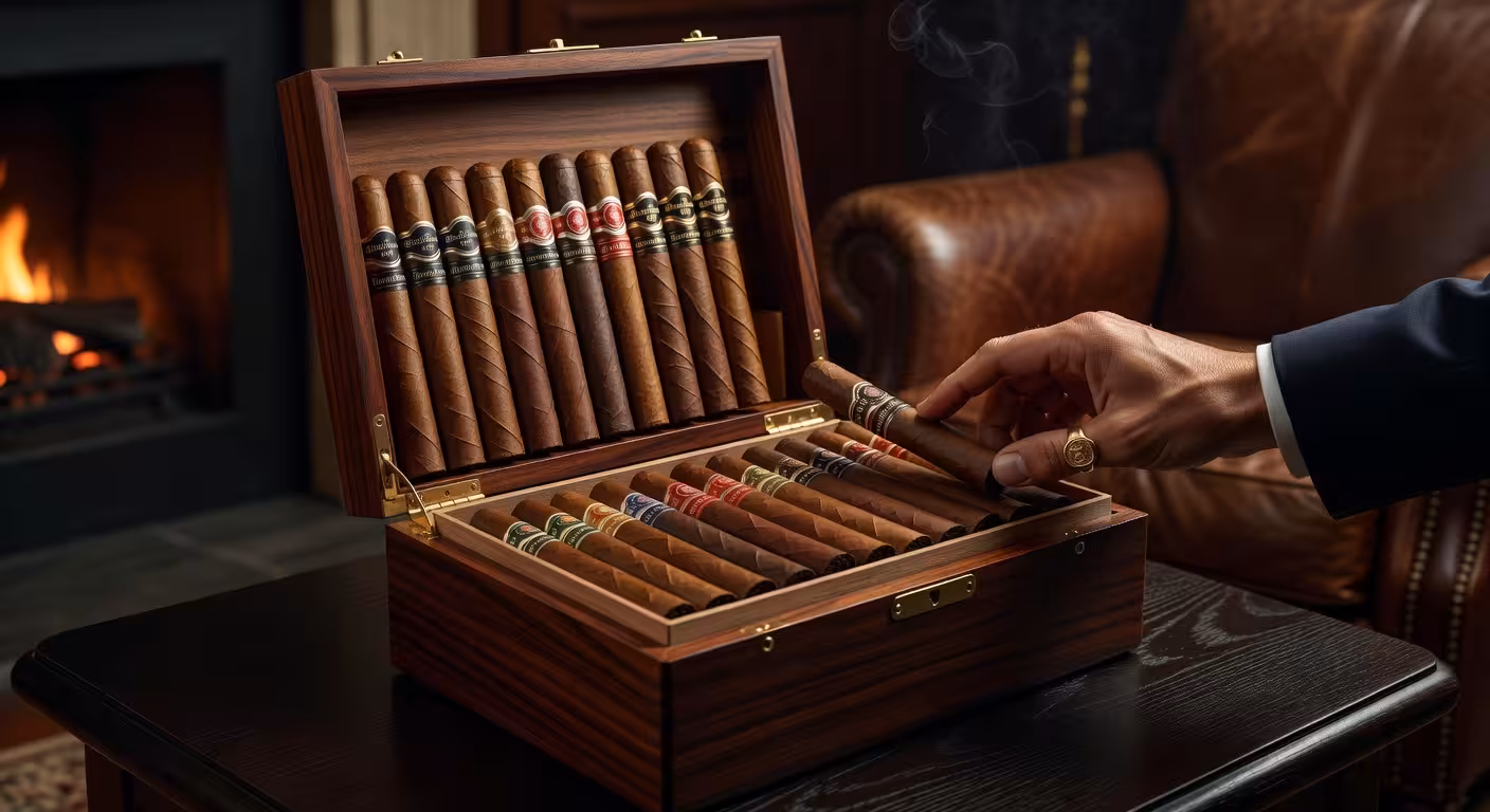 Selección de puros premium de diferentes calibres y capas en humidor de lujo
