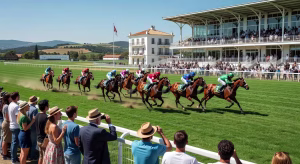 ¿Siguen considerándose las carreras de caballos un deporte elitista? Espectadores diversos disfrutando de una carrera de caballos en un hipódromo elegante