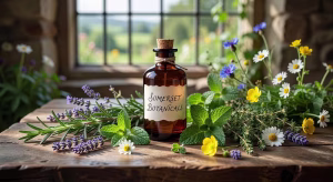 Botella de perfume artesanal Ffern rodeada de hierbas orgánicas en el campo de Somerset