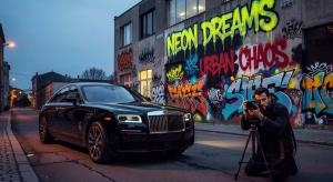 Rolls-Royce Black Badge Ghost: la conducción de mi vida en el Hungaroring Rolls-Royce Black Badge Ghost estacionado frente a estudio de arte en Budapest