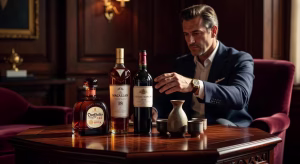 Colección de botellas premium de whisky, sake, tequila y vino dispuestas elegantemente sobre mesa de madera oscura con iluminación cálida