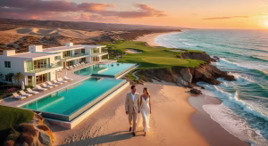Quivira Los Cabos: Golf de élite y el paraíso inmobiliario del Pacífico mexicano Vista aérea del desarrollo de lujo Quivira Los Cabos con campo de golf Jack Nicklaus y Beach Club frente al Pacífico