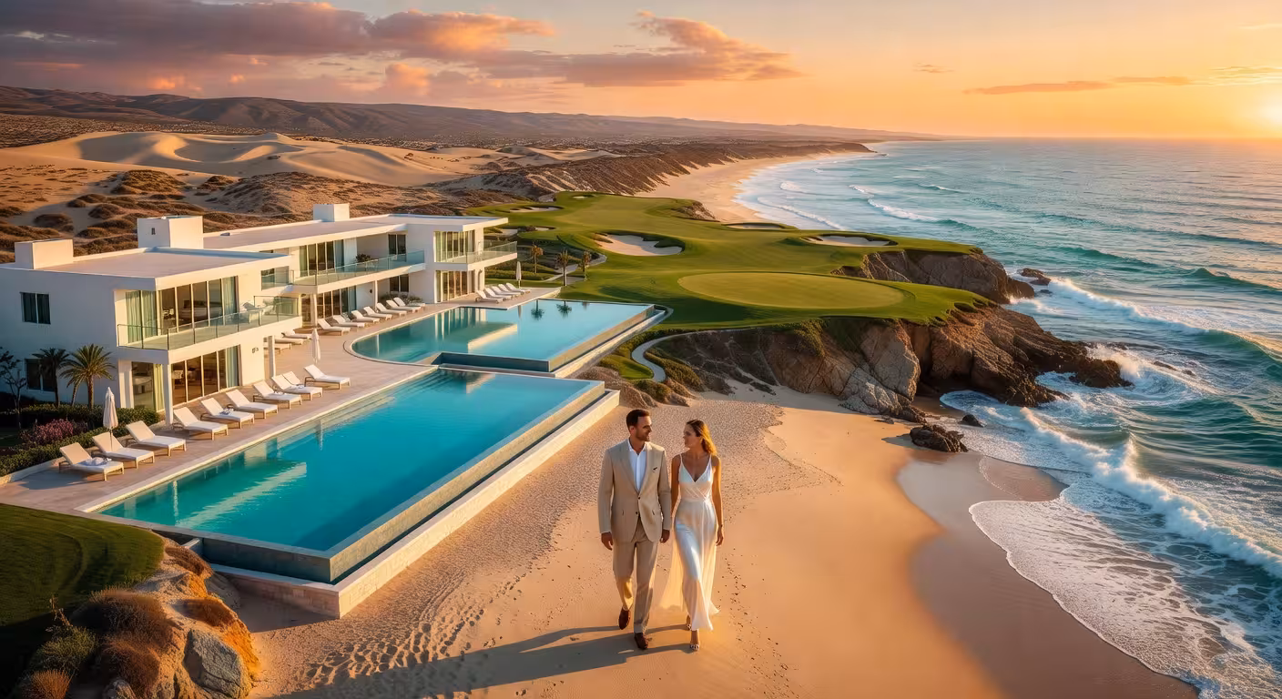 Vista aérea del desarrollo de lujo Quivira Los Cabos con campo de golf Jack Nicklaus y Beach Club frente al Pacífico