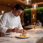 Chef Julien Dumas preparando un plato de alta cocina en su restaurante Zostera en París