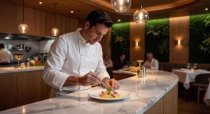 Julien Dumas: el chef que revoluciona la gastronomía sostenible en París Chef Julien Dumas preparando un plato de alta cocina en su restaurante Zostera en París
