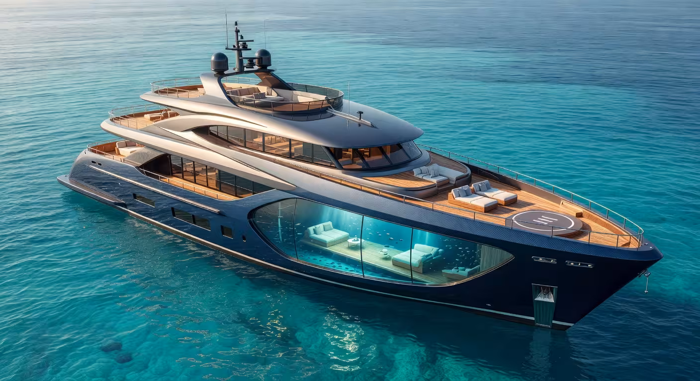 Concepto de superyate Cantharus de 69 metros con salón submarino panorámico y diseño futurista