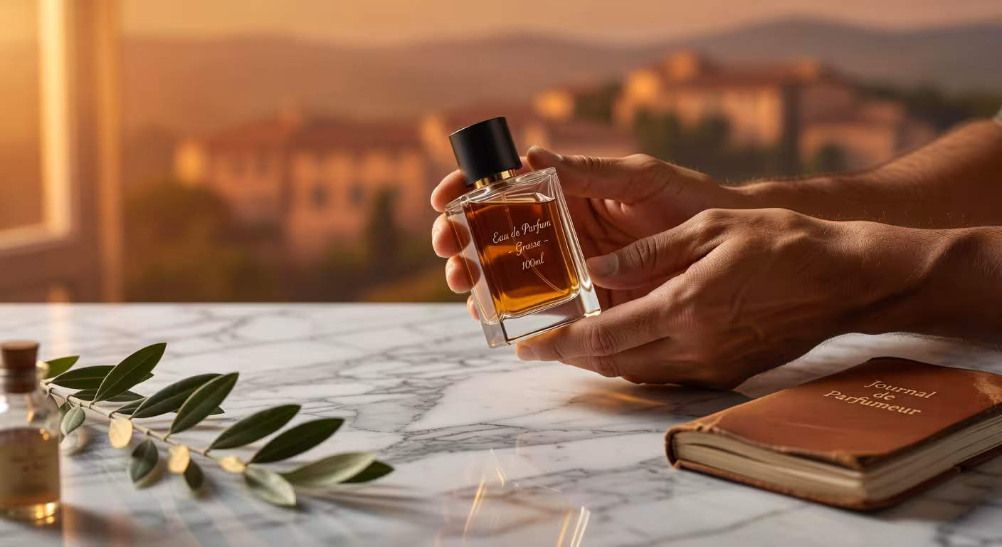 Fragancias premium accesibles con botellas de perfume de diseño minimalista sobre superficie de mármol