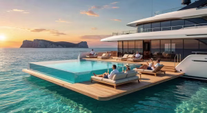 Beach club de lujo en un superyate con piscina infinity y plataforma de baño al atardecer en el Mediterráneo