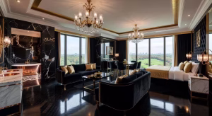 Suite de lujo del Baglioni Hotel London con diseño italiano en tonos dorados y negros