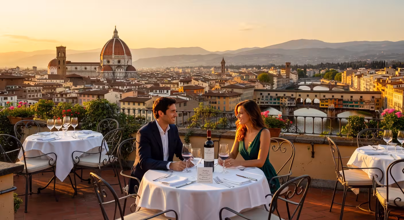 Terraza panorámica con vistas al Duomo de Florencia desde un restaurante de lujo al atardecer