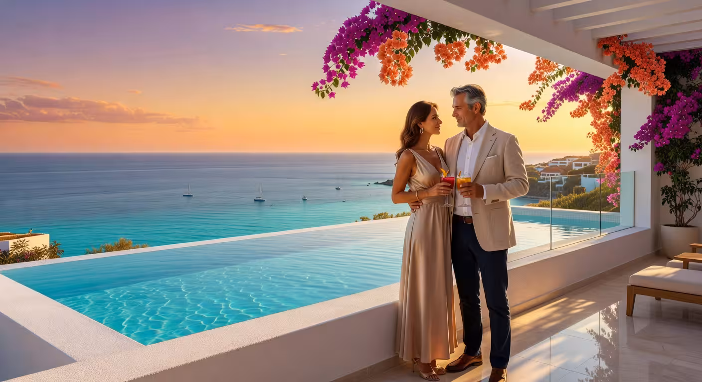 Terraza de hotel de lujo en Chipre con vistas al Mediterráneo, pareja europea disfrutando de cócteles al atardecer junto a piscina infinity