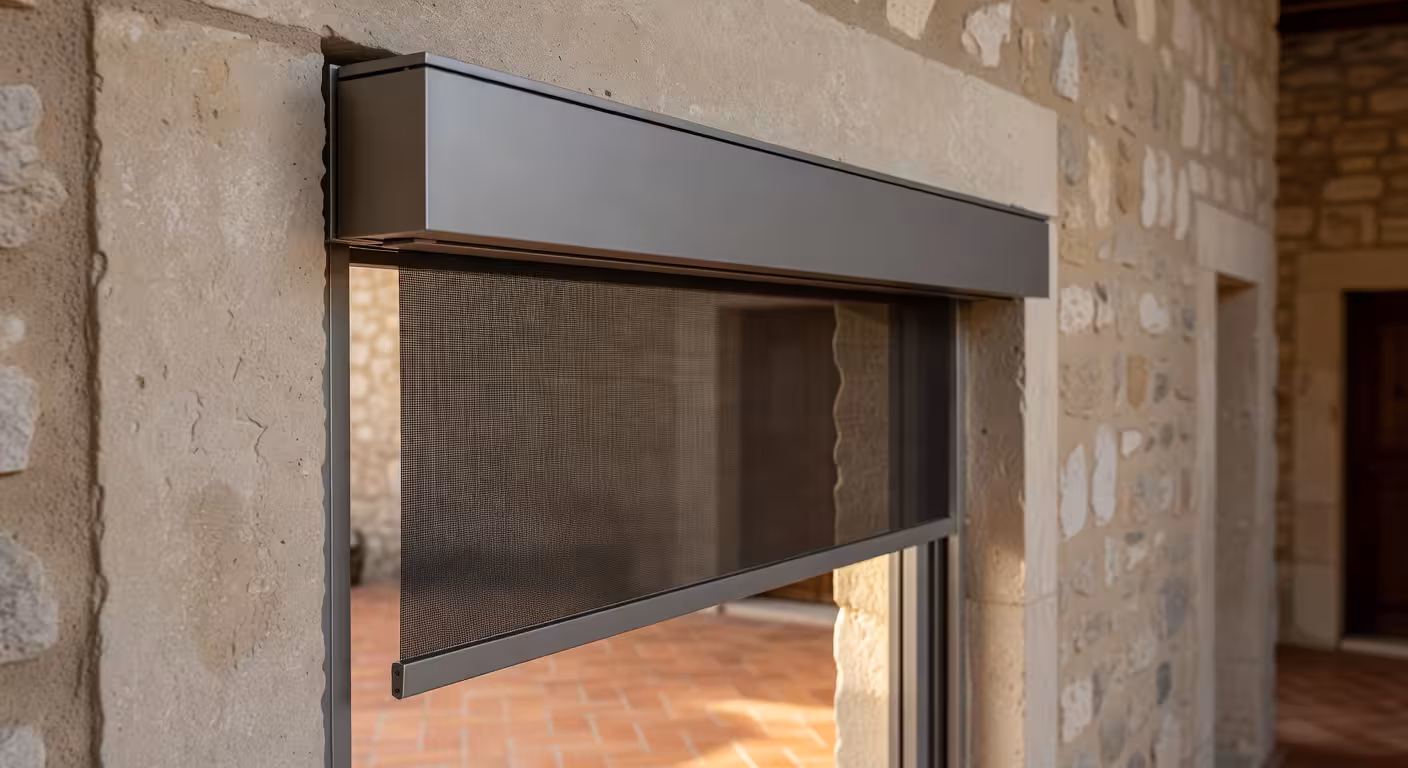 Detalle del mecanismo de pantalla retráctil premium con carcasa de aluminio y sistema de deslizamiento suave en hogar moderno