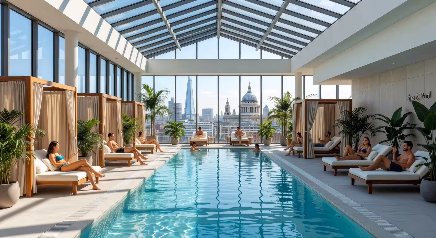 Piscina cubierta de 20 metros con luz natural en The Peak Fitness Club & Spa del Carlton Tower Jumeirah