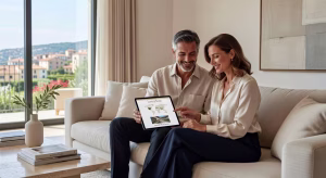 Intercambio de casas de lujo: la nueva forma de viajar entre viajeros con alto poder adquisitivo Pareja europea explorando plataforma de intercambio de casas de lujo en salón de diseño contemporáneo