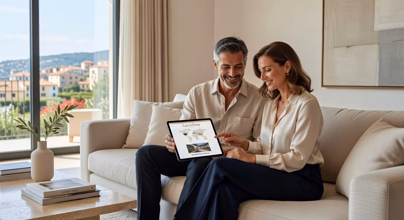 Pareja europea explorando plataforma de intercambio de casas de lujo en salón de diseño contemporáneo