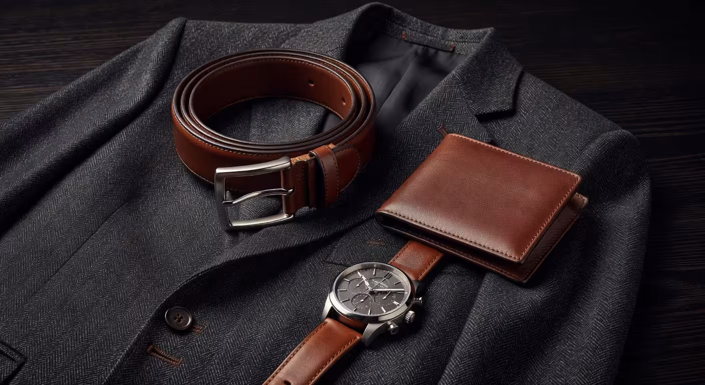 Detalle de artesanía de moda masculina de lujo con tejidos premium y accesorios