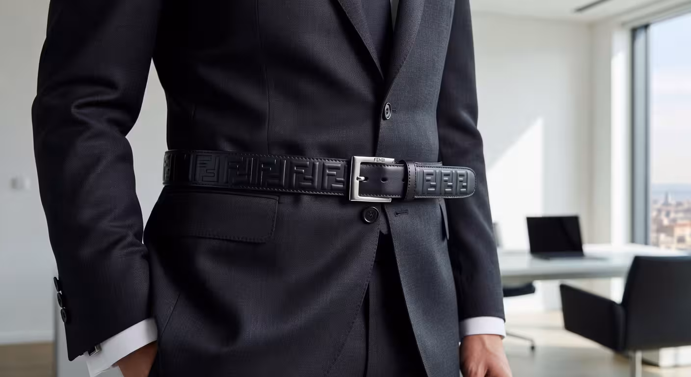 Hombre de negocios vistiendo traje con cinturón reversible Fendi, detalle de la cintura