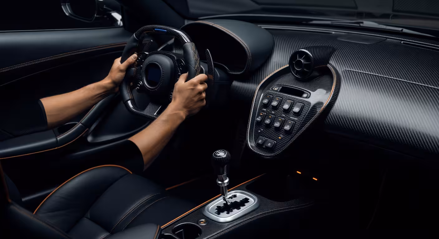 Interior del Hennessey Venom F5 Roadster mostrando palanca de cambios manual y detalles de fibra de carbono