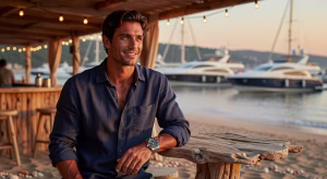 Hombre luciendo el Breitling SuperOcean Heritage en un ambiente costero mediterráneo de lujo