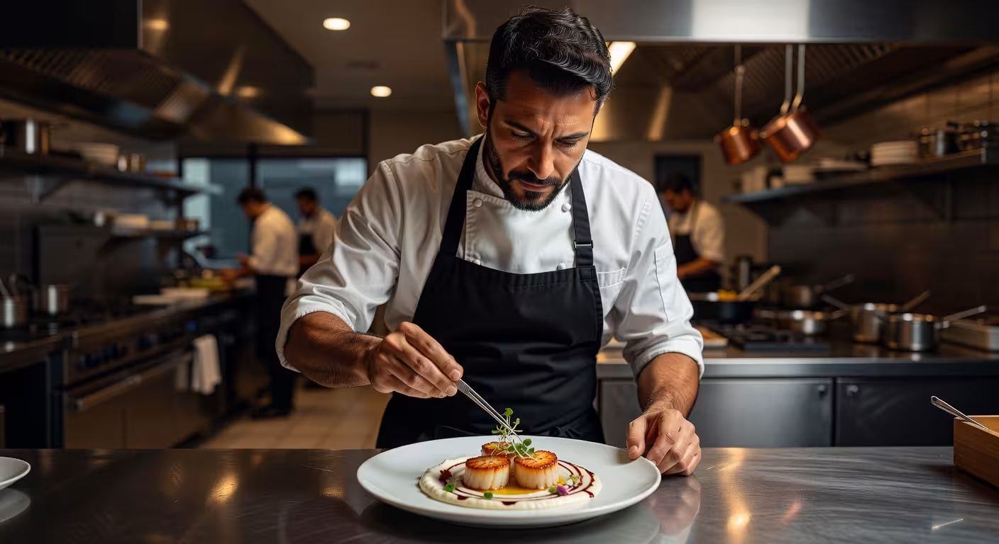 Chef profesional preparando plato gourmet en cocina de restaurante de lujo en Oriente Medio