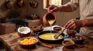 Bebinca: El Postre de Capas Indio que Conquista la Alta Gastronomía Mundial Preparación artesanal de Bebinca goana mostrando técnica tradicional de capas con ghee y especias