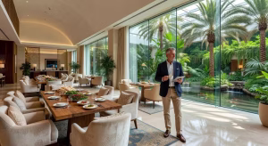 Qatar Airways: felicidad en el aire con la mejor clase business del mundo Salón Al Mourjan Business Lounge The Garden en el Aeropuerto de Doha con vistas al jardín tropical The Orchard, espacios de comedor elegantes y diseño moderno