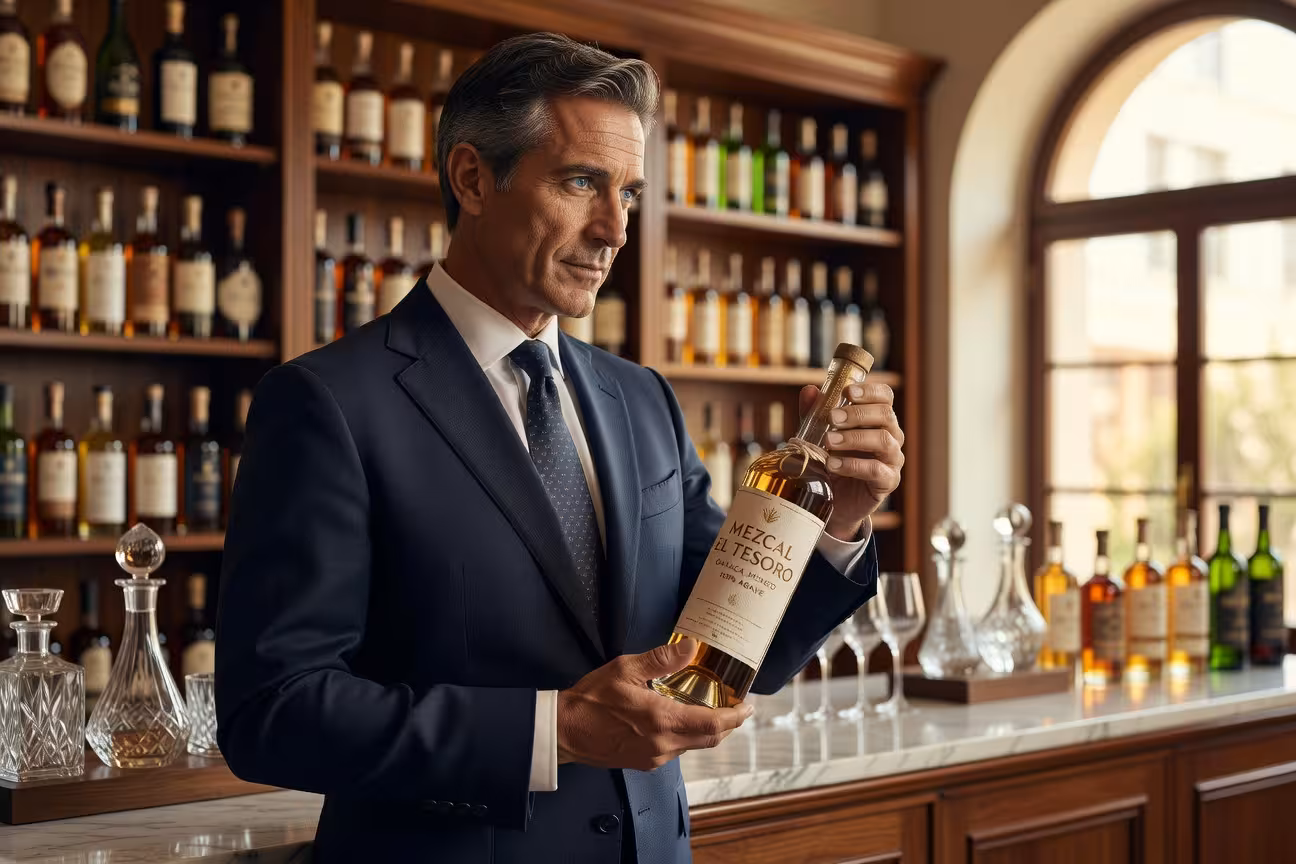 Hombre europeo mediterráneo con traje elegante examinando botella de mezcal artesanal en tienda especializada de licores premium