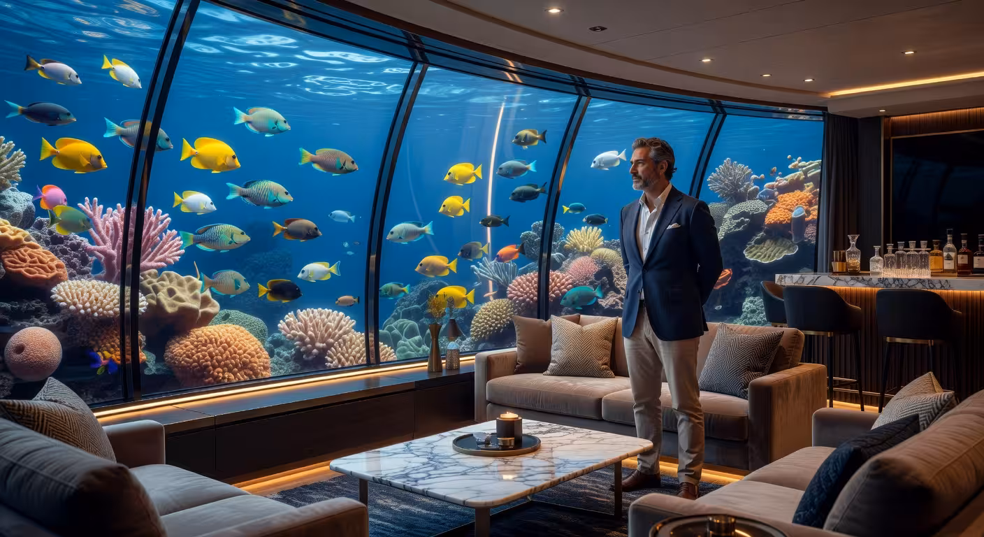 Interior del salón submarino del yate Cantharus con vistas panorámicas al océano y vida marina