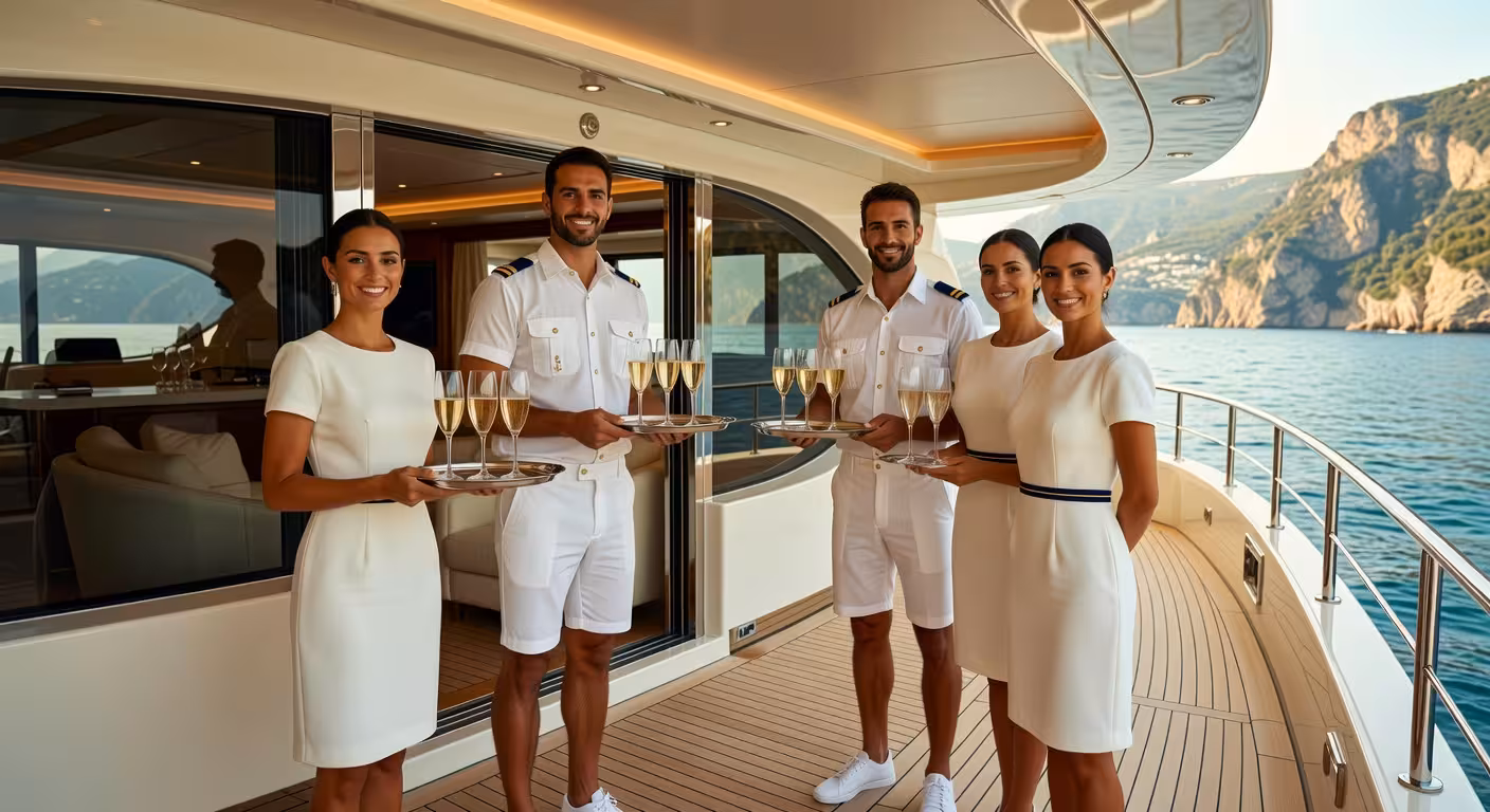 Tripulación profesional de yate de lujo sirviendo champagne en cubierta con servicio de cinco estrellas