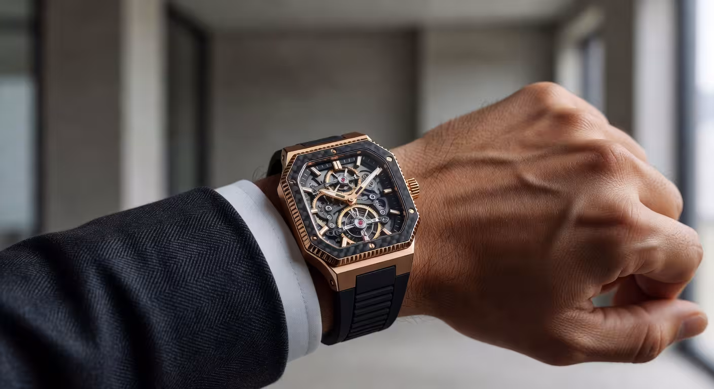 Hombre llevando el reloj Angelus Gold & Carbon Flying Tourbillon en la muñeca, mostrando la caja de carbono y oro rojo con correa de caucho negro