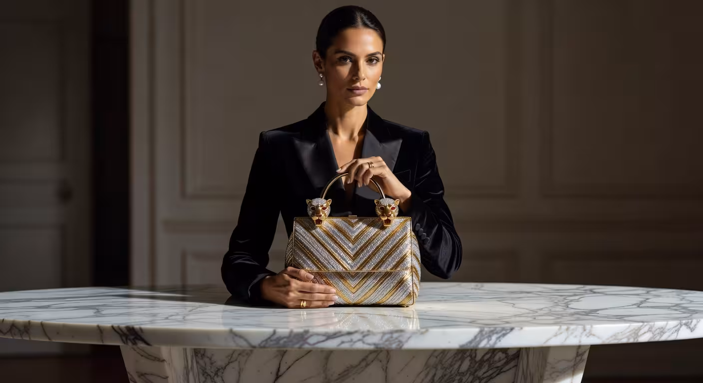 Bolso Valentino Garavani Panthea con cabezas felinas enjoyadas y patrón chevron sobre superficie de mármol