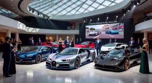 Eventos de lujo y lifestyle: las citas imprescindibles del circuito internacional Salón de exhibición de supercoches de lujo en Top Marques Monaco con asistentes elegantes