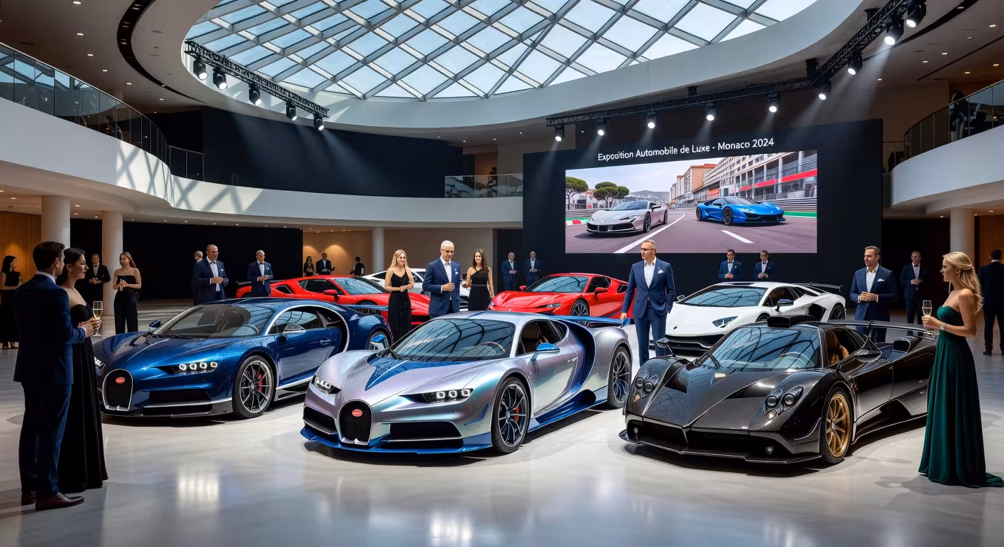 Salón de exhibición de supercoches de lujo en Top Marques Monaco con asistentes elegantes
