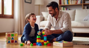 Consejos para comprar los mejores regalos para tus hijos: guía actualizada Padre e hijo jugando con juguetes educativos de madera en casa, ambiente familiar cálido
