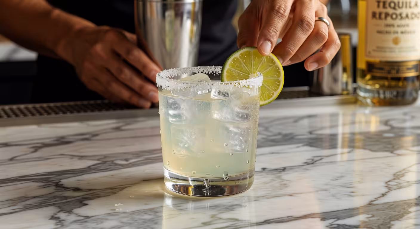 Margarita premium con borde de sal y lima fresca servida en vaso de cóctel sobre barra de mármol