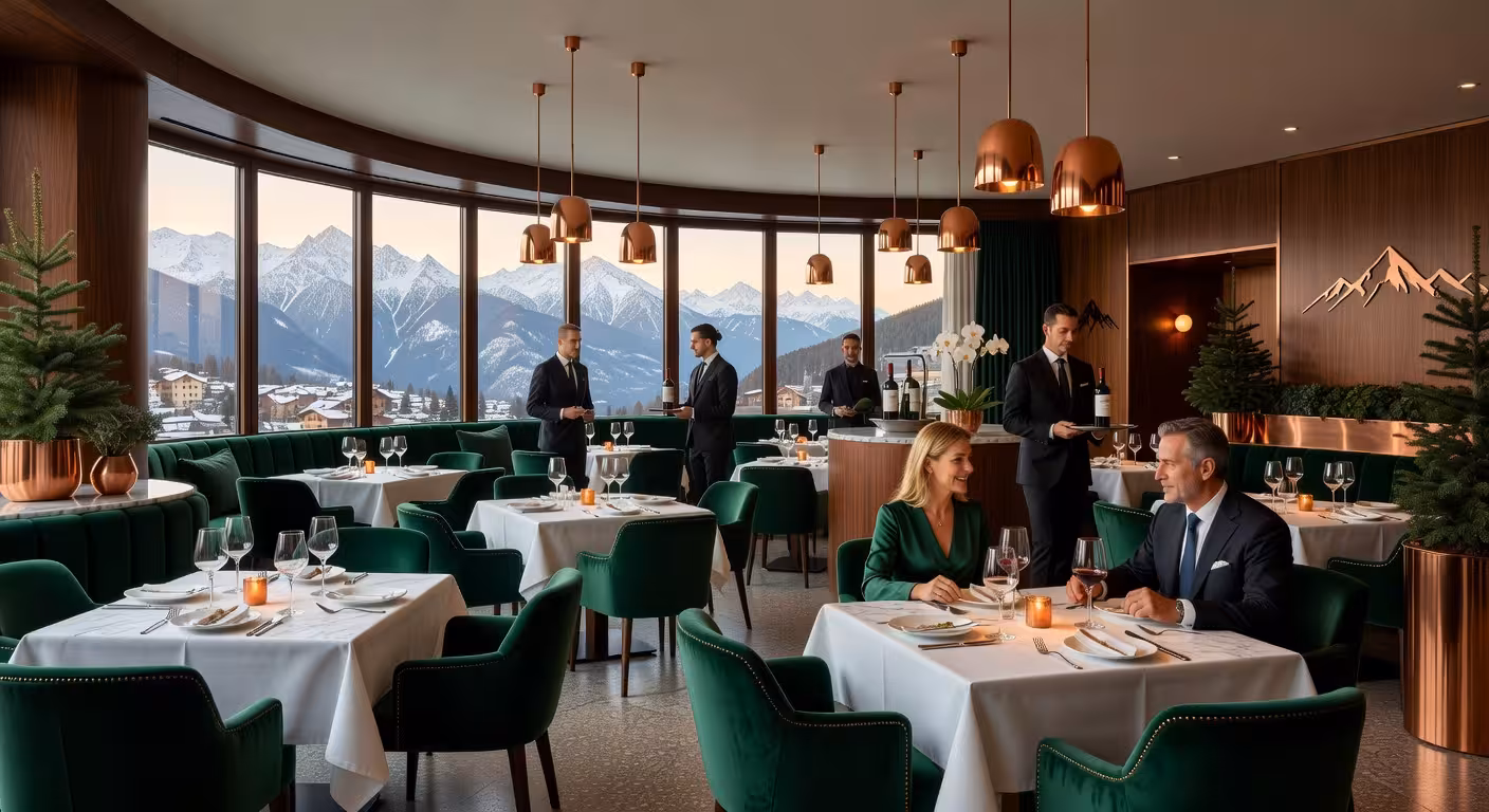 Interior elegante del restaurante Mountain Hub Gourmet en el aeropuerto de Múnich con diseño moderno y decoración alpina