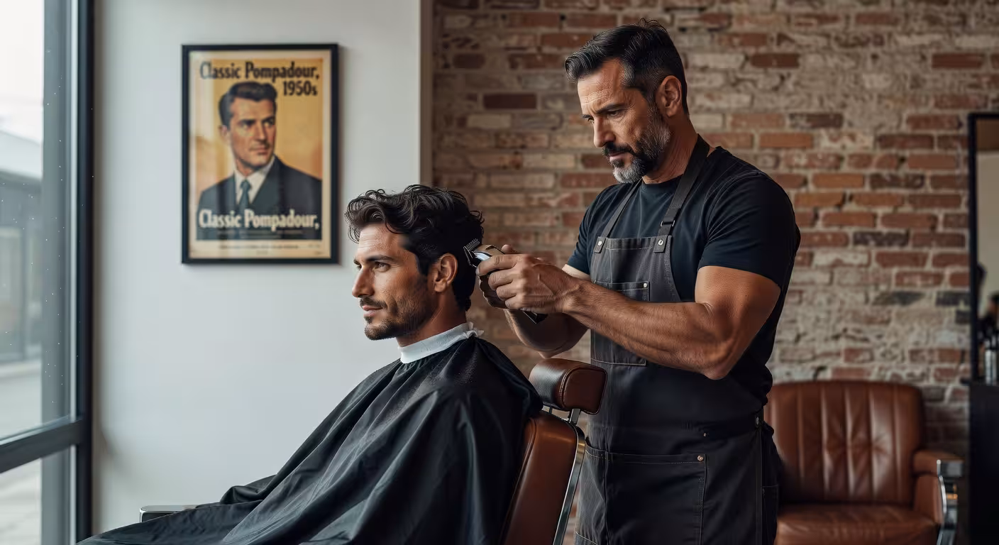 Barbero profesional realizando un corte de pelo corto moderno a un hombre en una barbería contemporánea