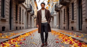 Hombre elegante con abrigo de lana marrón y jersey de cachemira en estilo otoñal sofisticado