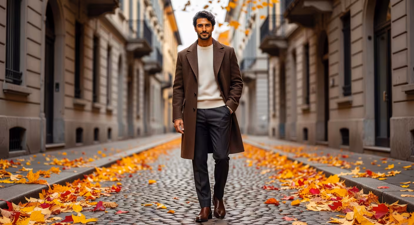 Hombre elegante con abrigo de lana marrón y jersey de cachemira en estilo otoñal sofisticado