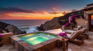 Esperanza, Auberge Resorts Collection: lujo frente al mar en Los Cabos Terraza de casita de lujo en Esperanza Auberge Resorts con jacuzzi de borde infinito y vistas al Mar de Cortés al atardecer
