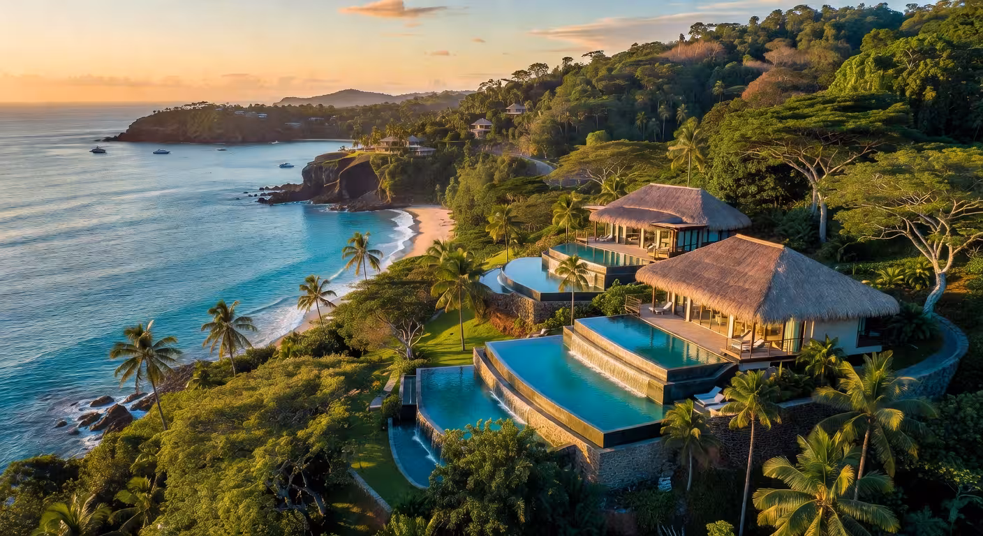 Vista aérea del Four Seasons Resort Costa Rica en Península Papagayo al atardecer con el Océano Pacífico de fondo